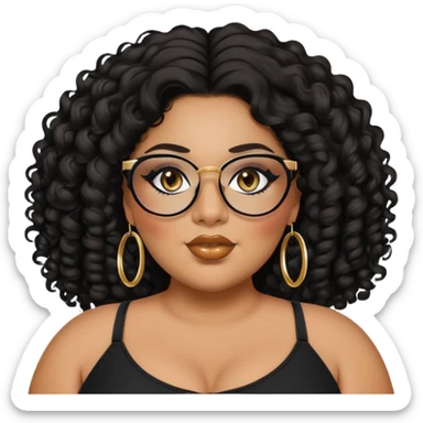 big plus size, latina, darker tan skin, gold hoops, long black curly hair, baddie,pretty, makeup, lipgloss, black eyeliner, long hair, black top, black glasses sticker