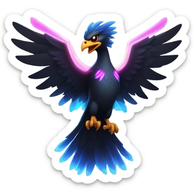 Cartoon-style black phoenix, shoulder-up, aggressive expression, dark muted colors, holding glowing neon light sticks (blue and pink) in wings, party theme, optimized for Twitch emote sizes, no background sticker