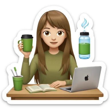 a designer with light skin long brown hair bangs waving, stack of books, coffee cup on top, water bottle, computer, matcha, no glasses sticker