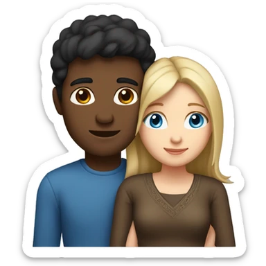 Couple embracing with arms around each other; white woman with blue eyes and brown hair, Indian man with black hair  sticker