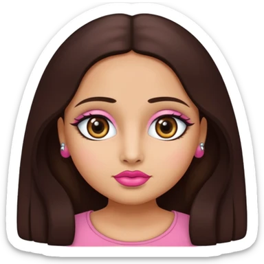 Gordita, ojos pequeños de color cafe oscuro, labios pequeños y rosados, piel trigueña, orejas pequeñas, cabello largo lazio y negro, pequeña. cuerpo completo sticker