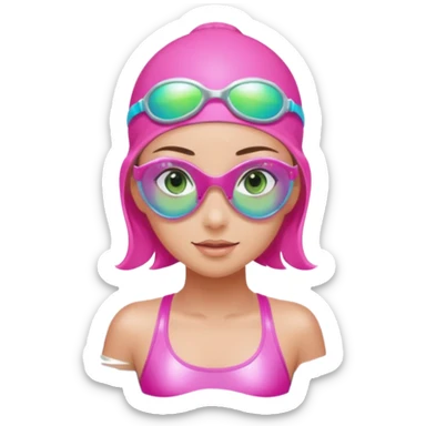 pretty girl with green eyes pink swim cap holographic swimming glasses and cute profesional swimmer pink swimsuit without her hair visible sticker