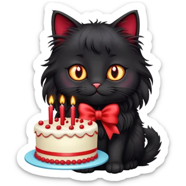 Long haired black cat with birthday cake sticker