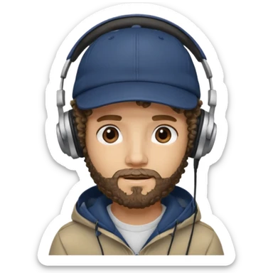 curly haired with headphones in and beard boy with cap sticker