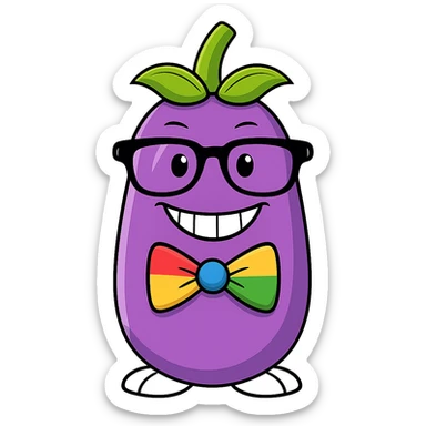 Add a colorful bow tie to the eggplant with nerdy glasses and goofy teeth, keep the background transparent. Maintain the original style and transparent background. sticker