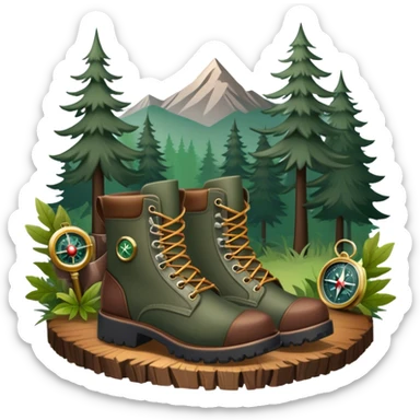Icon for Hunting Tourism: a rifle, hunting boots, and a compass on a forest background, with a silhouette of wildlife in the distance. The icon should capture the adventure and connection with nature in hunting tourism. Transparent background. sticker