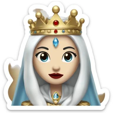 Queen with pale white skin, evil stare, icy blue eyes, bright red lips, long black hair, gold crown, and white robes. sticker
