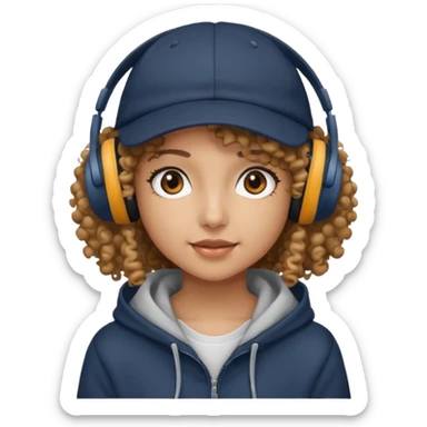 curly haired with headphones in and hoddie girls with cap sticker