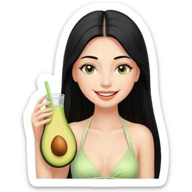 Long black hair with no bangs, very straight hair, pretty face. Wearing white plain halter top. Blushed cheeks, long lashes, nude glossy lips. One eyes with wink. One hand with avocado juice. sticker
