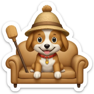A dog that has a stick hat and a sofa shirt sticker