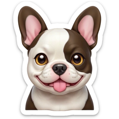 Cinematic Cute Pied French Bulldog Portrait Emoji, Head tilted with a sweet, mischievous grin and large, inviting eyes, featuring a unique pied fur of contrasting colors, simplified yet irresistibly endearing, highly detailed, glowing with a warm, playful radiance, high shine, exuding a quirky charm and affectionate personality, styled with a soft, lighthearted outline, capturing the essence of a cute Pied French Bulldog that looks ready to charm its way into your heart! sticker