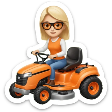 White woman on orange ride on lawn mower cutting lawn sticker