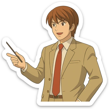 Light Yagami in Ghibli style, standing and pointing a teacher's stick to the left, confident expression, transparent background. sticker