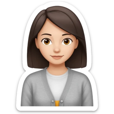 The girl has straight medium-length dqrk brown hair, light skin, wearing a white t-shirt and gray cardigan. Gentle smile, friendly neutral expression sticker