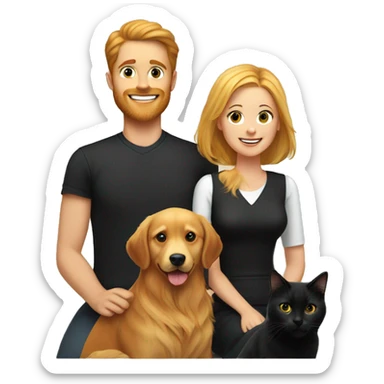 Family portrait with a smiling blonde woman,  red-haired man,  golden retriever sitting beside them, and  black cat sitting in front. sticker