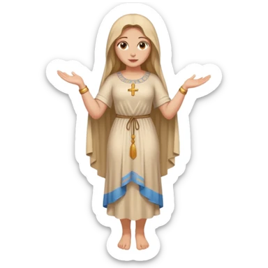 fullbody Mary Magdalene, buxom and fit figure, very pretty detailed face, plain light tan dress, arms down pose, emoji style sticker