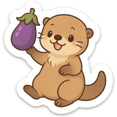 sea otter balancing an eggplant, fun and whimsical, chibi stickers style, playful expression sticker