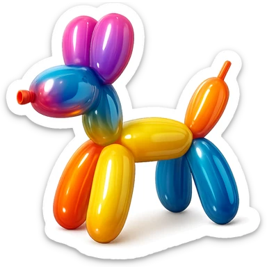 <system_prompt>
  <style>
    <name>Hyperrealistic Colorful Balloon</name>
    <description>3D render designed in a hyperrealistic colorful balloon style.</description>
    <materials>
      <surface>
        <type>latex</type>
        <finish>shiny</finish>
        <reflectivity>high</reflectivity>
        <stretching>slightly_stretched</stretching>
        <imperfections>
          <creases>subtle</creases>
          <warps>light</warps>
          <kinks>natural</kinks>
        </imperfections>
        <ends>tied</ends>
      </surface>
    </materials>
    <shape>
      <feel>inflated</feel>
      <construction>hand-twisted</construction>
      <volume>high</volume>
    </shape>
    <lighting>
      <style>sharp</style>
      <shadows>none</shadows>
      <enhance>volume</enhance>
    </lighting>
    <aesthetic>
      <mood>playful</mood>
      <style>pop-art</style>
    </aesthetic>
    <background>
      <style>minimal</style>
      <clean>true</clean>
    </background>
  </style>
</system_prompt>

{subject} = dog sticker