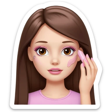 Barbie girl a brown long Straight hair and brown eyes is In pale pink smears by hand cosmetic cream on her face sticker