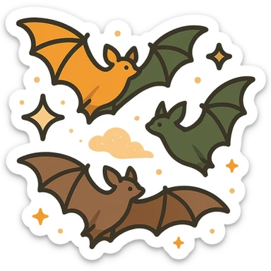 A group of flying bats in mid-air, illustrated in a stylized, artistic way using a warm, earthy color palette: golden orange (FA9B41), deep forest green (4A7C5C), muted taupe brown (96775A), and soft pastel peach (FFCC9A). The bats have sleek wings with subtle color gradients, and their bodies are small and streamlined, featuring elegant silhouettes. The sky around them has a magical, twilight glow with faint sparkles or mist, enhancing the enchanted atmosphere. The overall style is whimsical and soft, with a balance between natural and fantastical elements. sticker