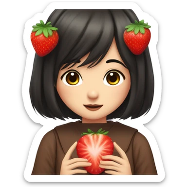 Anime-Style Eyes. Lady. Kawaii. Cottagecore. Brown Skin. Black hair. Hold a giant strawberry sticker