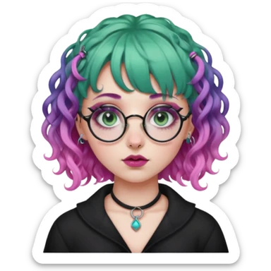 . Gothic girl with pink to violet ombré hair with pink on top, ringlet curly hair, bangs round glasses, septum piercing, nostril piercing, almond eyes, blueish green eyes,heavy eyeliner,  sticker
