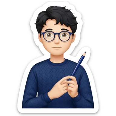 Young creative man with round glasses, wavy black hair, navy blue sweater, with pen in hand sticker