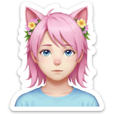 Pastel effeminate young femboy man with pastel pink shiny hair, pink cat ears, pastel yellow blouse, blue eyes, cute, gorgeous, anime, catboy, romantic, beautiful, flowers, aesthetic sticker