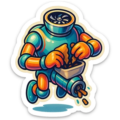 hovering robot. stuffs material into large hole on its top with 2 arms. no head. hole is where a head would be. spinning gears and blades in hole grind material.  3/4 view. between realism and cartoon. well lit. no dramatic lighting. metallic shiny robot. works diligently. drake humor sticker