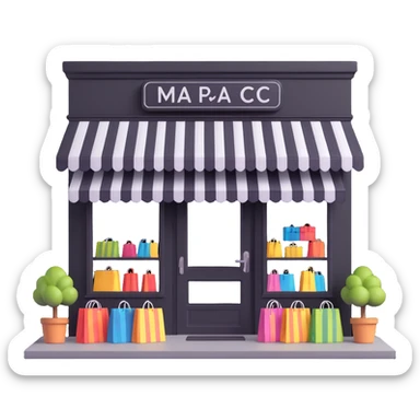 friendly storefront with striped awning and shopping bags at the entrance, pastel colors sticker