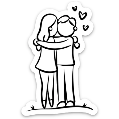 Hand drawn sketch of two people hugging with a heart, "Iubind pe cineva" sticker