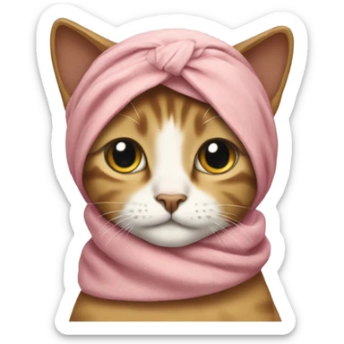 A cat wearing a headscarf tied under the chin like a babushka sticker