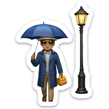 Man with umbrella , streetlight reflection, Midnight Wanderer. sticker