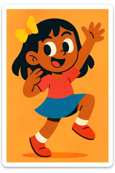 stylized character art of a girl with black straight hair and light brown skin, playful pose, vibrant colors sticker