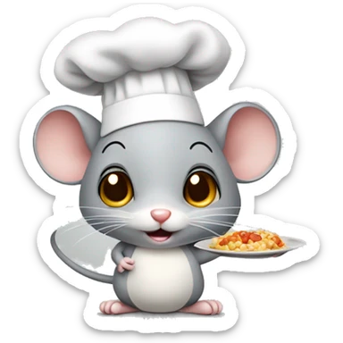 cute grey mouse with a cooking hat and a dish of food sticker