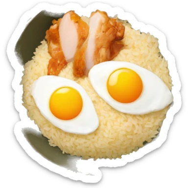 a bowl of rice with two eggs and chicken thigh sticker