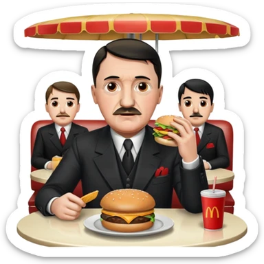 adolf hitler holding a big mac while sitting in a diner while being surrounded by his enemies  sticker