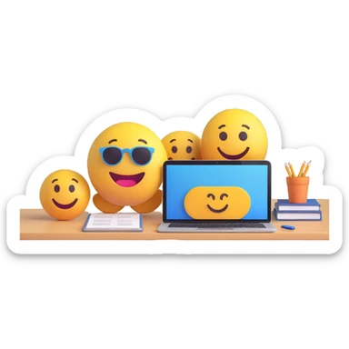 3D smiley emoji, round shape, student attending online class, blue color, attentive face sticker