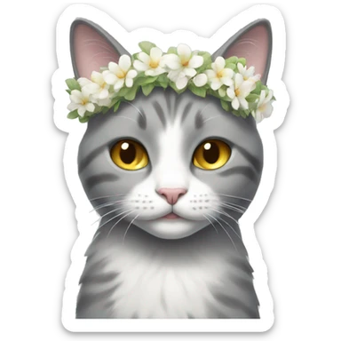 Gray and white cat with flower crown sticker
