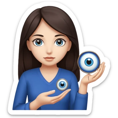 A girl with dark brown hair is holding a huge evil eye amulet in her hand. sticker