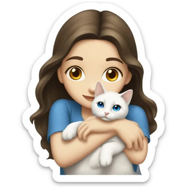 Brunette girl blue eyes hugging a fully white cat golden eyes sticker