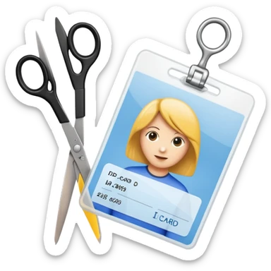 Scissors cutting ID card in 2 parts. Realistic sticker