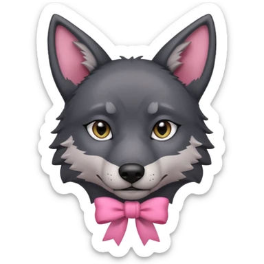 Pleading sad Face cute dark grey  black wolf with a pink ribbon on his ear head sticker
