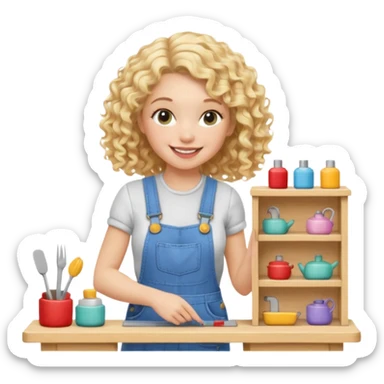 smiling blonde curly woman arranging furniture in doll house with overalls sticker