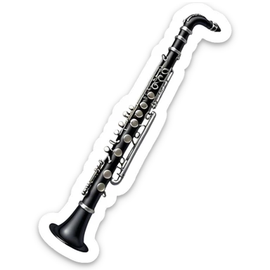 Cinematic Realistic Clarinet, deep black body with gleaming silver keys, rich warm lighting catching every intricate detail, slightly worn mouthpiece adding authenticity, glowing with a timeless and sophisticated presence. sticker