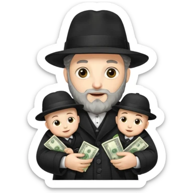 Jewish rabbi wearing traditional religious apparel with two side curls holding money and baby sticker