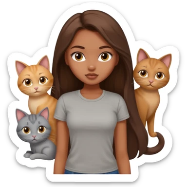 a pretty bratz dusky girl with long brown hair with six cats nd wearing a grey tshirt sticker