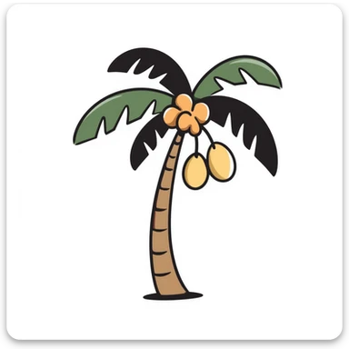 a palm tree with a curved trunk, large fronds, and coconuts, in pastel colors dd9fb0, ffc6d3, a3bfc9, c4bee2, f1b091, detailed hand-drawn doodle style sticker