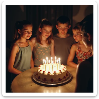 early 2000s digital camera style photograph of a birthday party, low quality, harsh flash, visible noise, candid moment, people around a cake sticker
