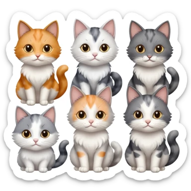 6 realistic looking cats with different natural coloured coats, assorted grey and white, greys, calico, brown and white colours etc
 sticker